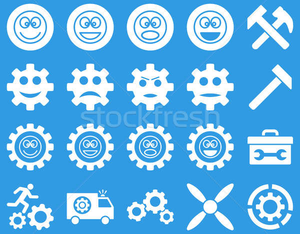 Stockfoto: Tools · glimlach · versnellingen · iconen · ingesteld · stijl