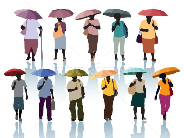 Emberek esernyők gyűjtemény sziluett sétál tömeg Stock fotó © Aiel