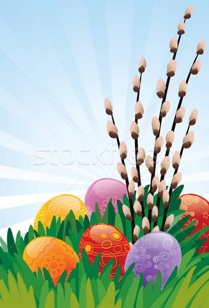 Stockfoto: Paaseieren · Pasen · geschilderd · eieren · pussy · wilg