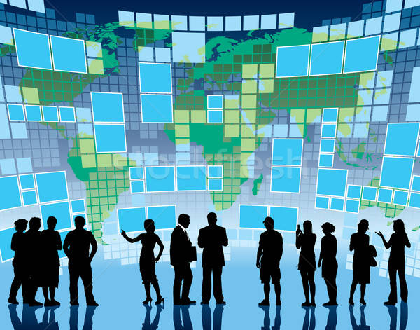 Comunicación global personas pie grande pantalla mapa del mundo Foto stock © Aiel