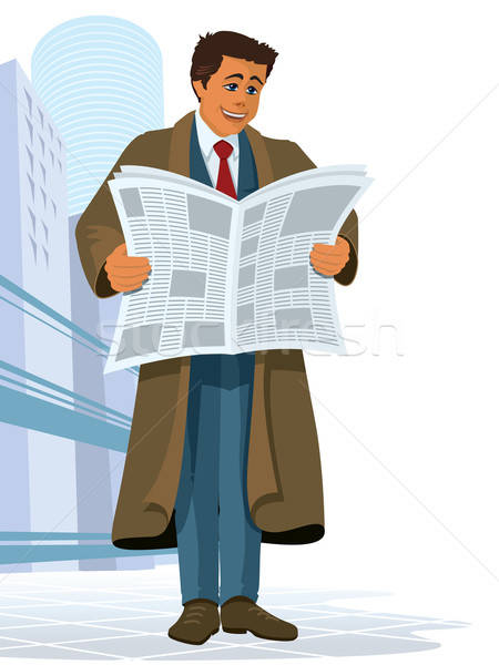 Foto stock: Jornal · empresário · em · pé · leitura · escritório · cidade