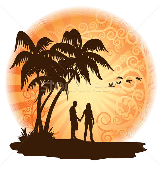 Foto stock: Tropical · pôr · do · sol · casal · amor · olhando · praia