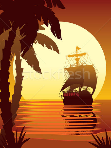 Stock foto: Segeln · Sonne · Illustration · alten · Schiff · Sonnenuntergang