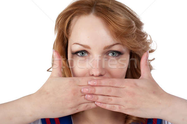 Csinos nő nem fiatal nő befogja száját izolált Stock fotó © Aikon