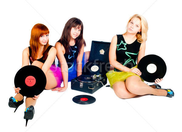 Drie mooie meisjes grammofoon jonge mooie Stockfoto © Aikon