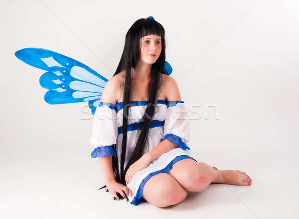 Stockfoto: Meisje · mooie · anime · lang · haar · vleugels · vlinder