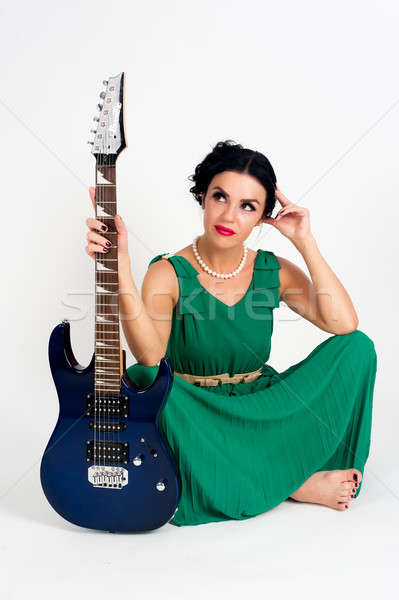 Csinos nő görög stílus ruha gitár vonzó nő Stock fotó © Aikon