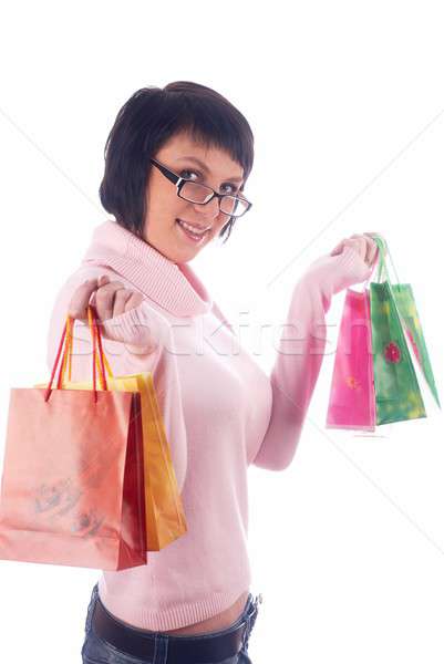 Foto stock: Compras · menina · mulher · jovem · sacos · isolado · mulher