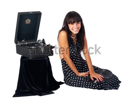 Destul de femeie zambitoare gramofon frumos izolat alb Imagine de stoc © Aikon