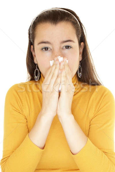 Donna primo piano soffia il naso isolato Foto d'archivio © Aitormmfoto