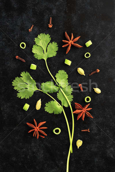 Fresh Herbs Coriander Leaves with Star Anise on Black Background Stock photo © Akhilesh