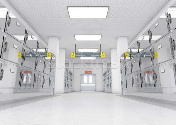 A look down the aisle of fridges in a clean white ward in a mortuary - 3D render Stock photo © albund