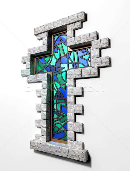 Gebrandschilderd glas kruisbeeld venster geïsoleerd Blauw groene Stockfoto © albund