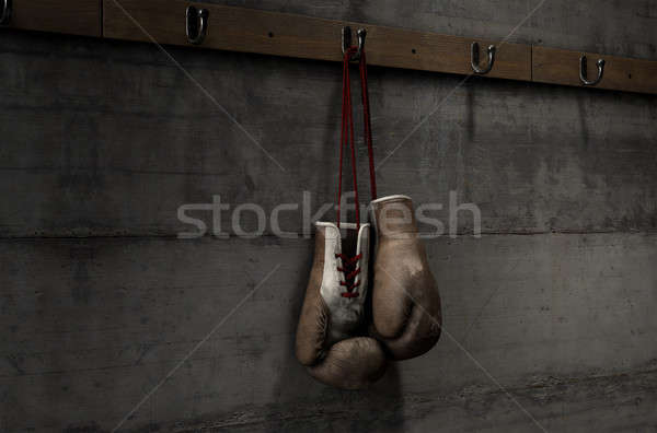 Worn Vintage Boxing Gloves Hanging In Change Room Stock photo © albund