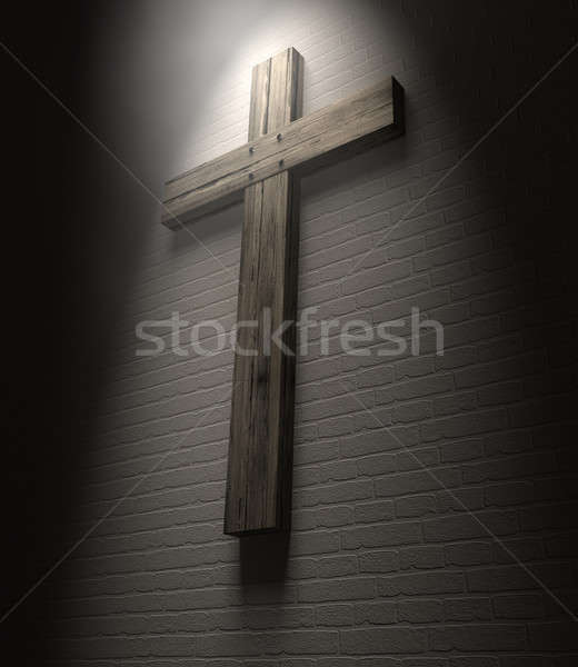 十字架 牆 聚光燈 木 白 商業照片 © albund