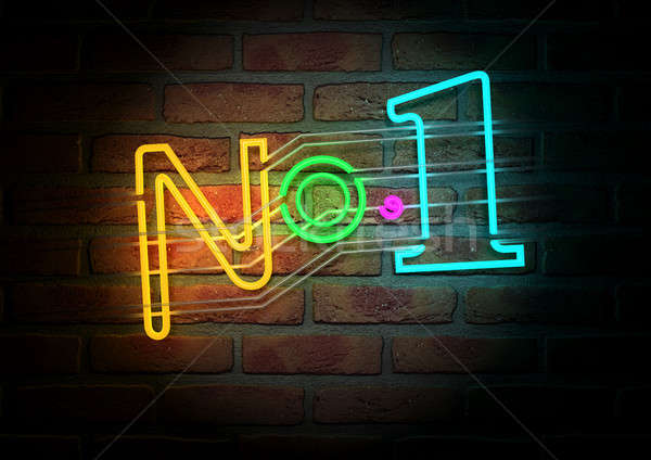 Neon Nummer eins Zeichen Gesicht Backsteinmauer beleuchtet Stock foto © albund