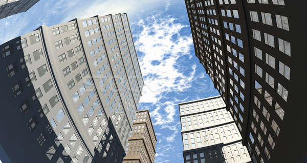 Stock fotó: épület · széles · látószögű · kilátás · város · felhőkarcolók · tükröződő