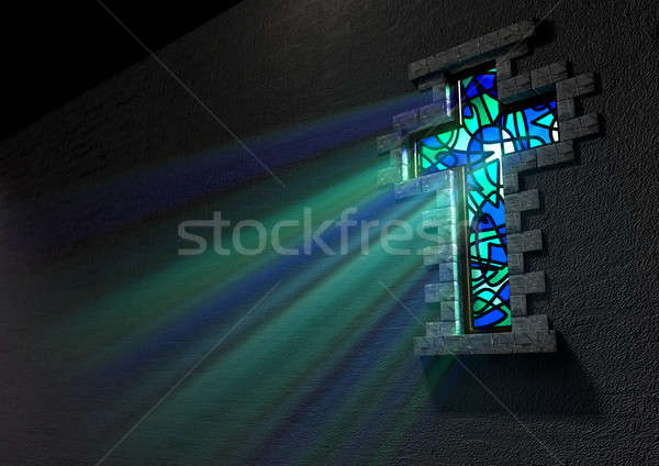 Vitraux fenêtre crucifix bleu vert tache [[stock_photo]] © albund