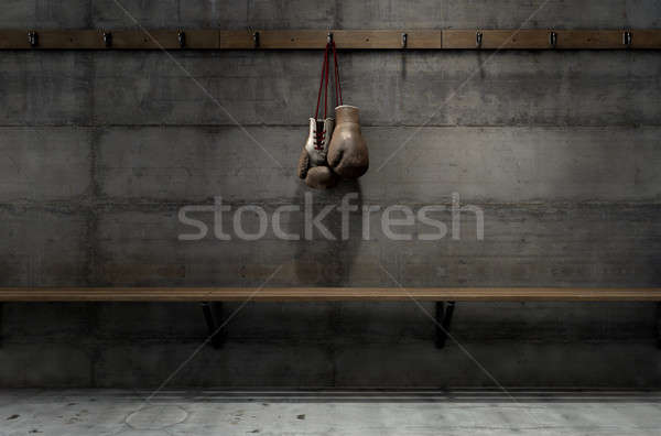 Worn Vintage Boxing Gloves Hanging In Change Room Stock photo © albund