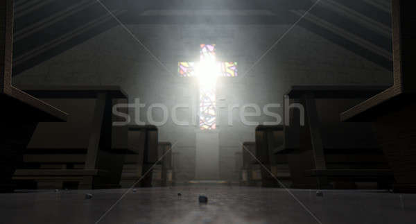 Vitraliu fereastră crucifix biserică vechi interior Imagine de stoc © albund