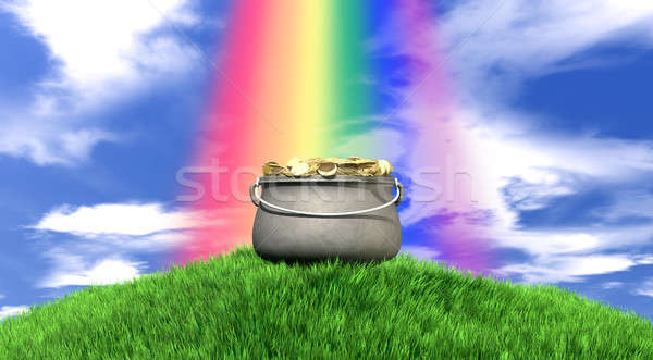 Pot Of Gold And Rainbow On Grassy Hill Stock photo © albund