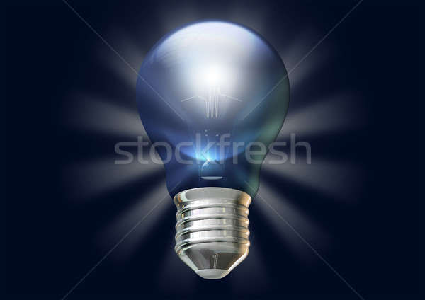 A regular blue light bulb with stylized irradiating rays on an isolated dark blue background Stock photo © albund
