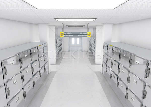 A look down the aisle of fridges in a clean white ward in a mortuary - 3D render Stock photo © albund