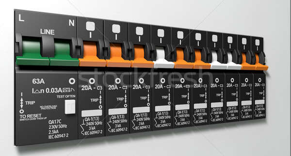 Elektrischen Schaltung Panel Zeile aus Haushalt Stock foto © albund