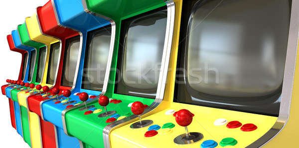 A flat row of vintage unbranded arcade games with joysticks and various colored buttons and a blank  Stock photo © albund