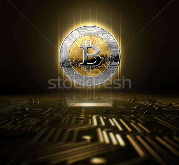Hologram circuit board bitcoin goud zilver munt Stockfoto © albund