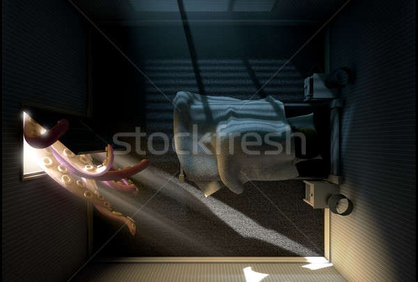 Monstru in spatele uşă 3d face dormitor caracatiţă Imagine de stoc © albund