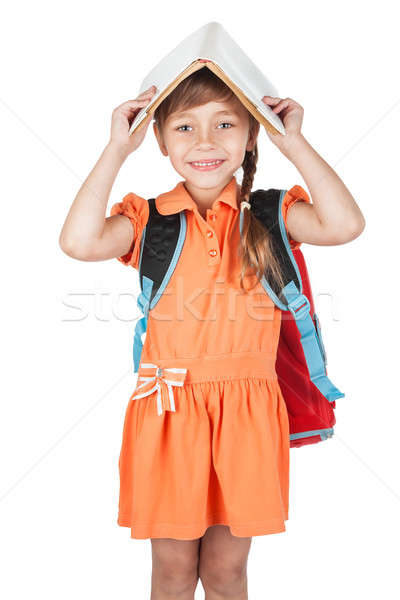 Aranyos iskolás lány könyv fej piros hátizsák Stock fotó © alekleks
