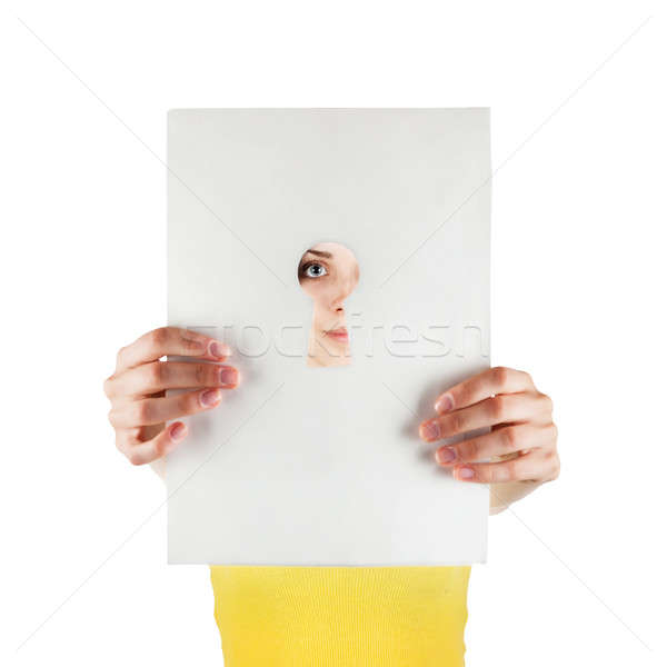 Kız bakıyor anahtar deliği yalıtılmış beyaz kadın Stok fotoğraf © alekleks
