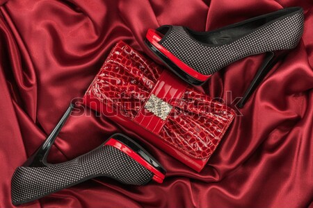 Lingerie and shoes lying on the red silk Stock photo © alekleks