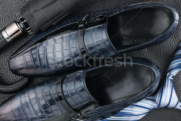 Klassiek Blauw schoenen stropdas paraplu zwarte Stockfoto © alekleks