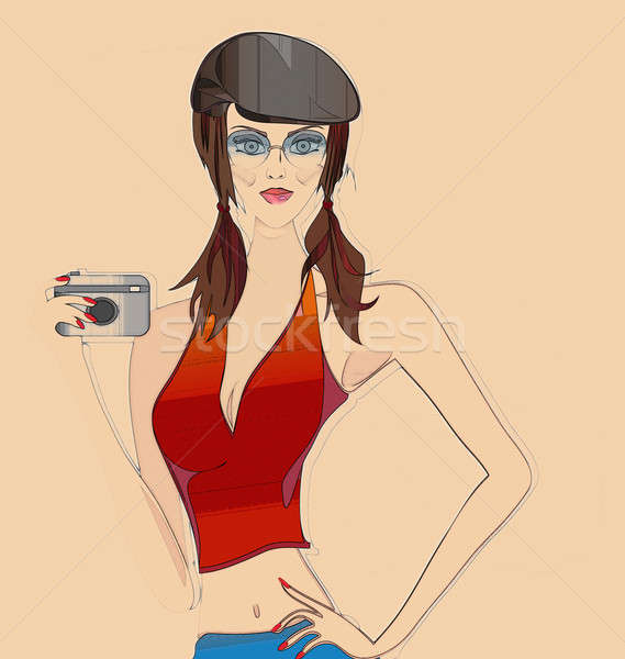 Retro Sketch of a Beautiful Girl with Photo Camera Stock photo © Aleksa_D