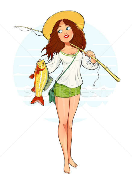 Beautiful fisher girl with fish and rod Stock photo © Aleksangel