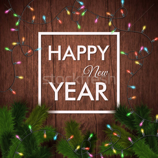 Happy new year card. Wooden background, realistic garland and Ch Stock photo © alevtina