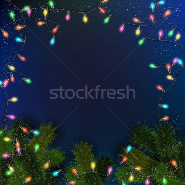 Blue background with realistic garland and fir branches. Vector  Stock photo © alevtina