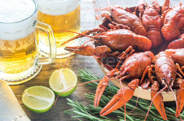 Bowl of boiled crayfish with two mugs of beer Stock photo © Alex9500