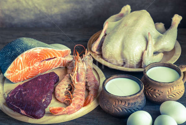 Protein diet: raw products on the wooden background Stock photo © Alex9500