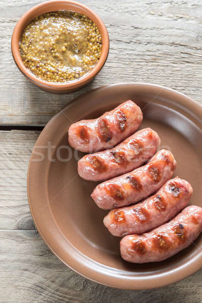 Gegrild worstjes mosterd saus partij vork Stockfoto © Alex9500