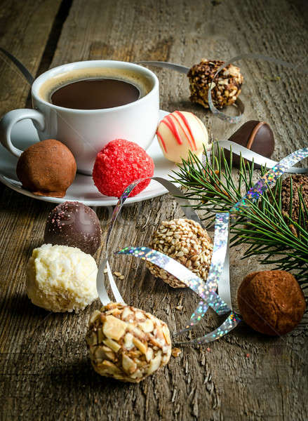 Luxury chocolate candies and cup of coffee Stock photo © Alex9500