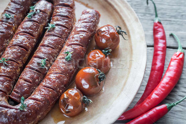 Chorizo tomates cherry alimentos placa carne Foto stock © Alex9500