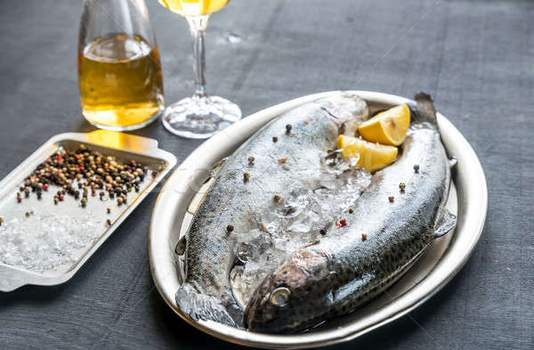 [[stock_photo]]: Fraîches · glace · vintage · métal · plateau · poissons