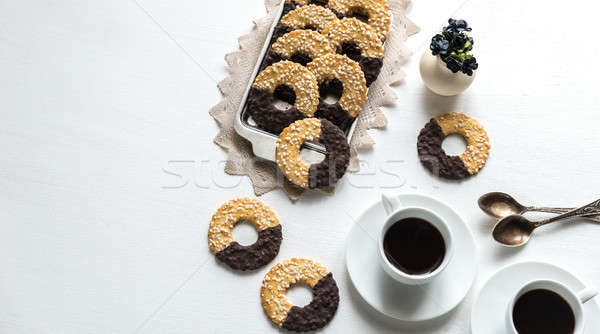 Chocolate cookies with two cups of coffee Stock photo © Alex9500