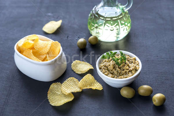 Kartoffelchips Olivenöl Tabelle schwarz Fett Mittagessen Stock foto © Alex9500