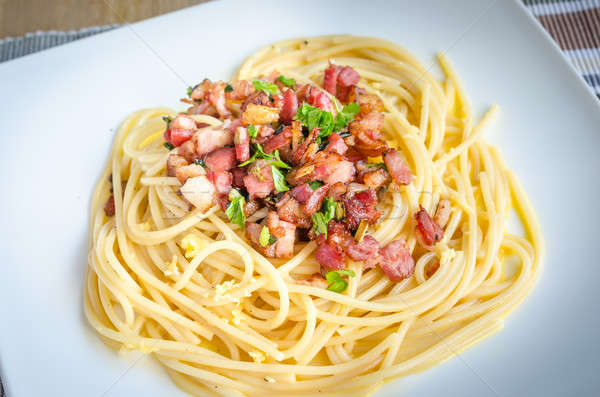 Pasta Speck Parmesan Essen Wein Ei Stock foto © Alex9500