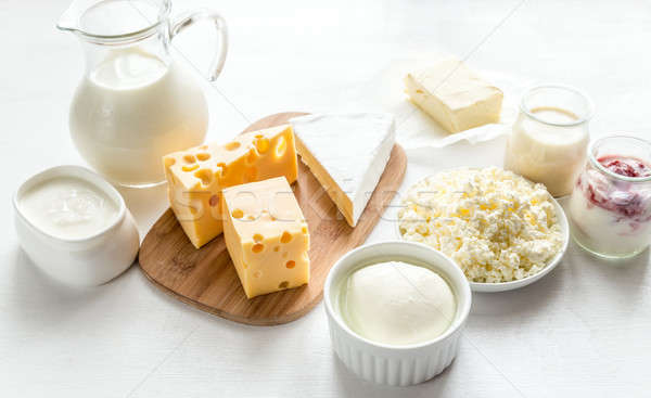 Válogatás tejtermékek gyümölcs asztal sajt tej Stock fotó © Alex9500