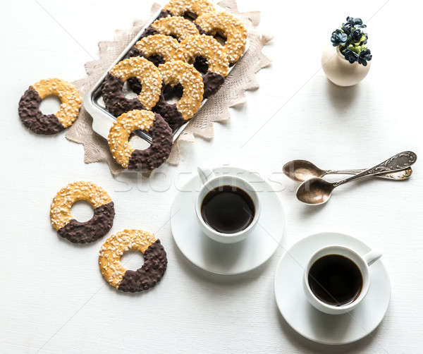 Chocolate cookies with two cups of coffee Stock photo © Alex9500